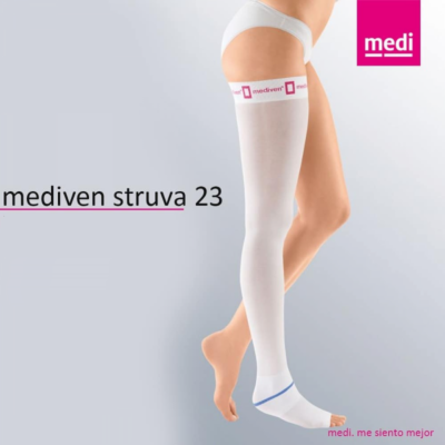 Meia Medi Struva 23, cor branca, Meia-coxa, 23mmHg Compressão Antiembólica, (Ponteira Aberta)